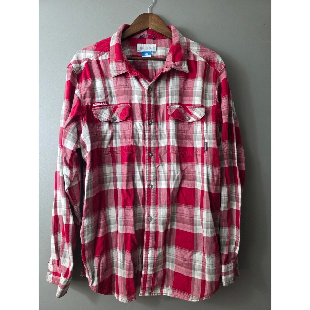 Columbia Mens XL Red White Plaid Flannel Button Down Shirt Cougars Embroidered